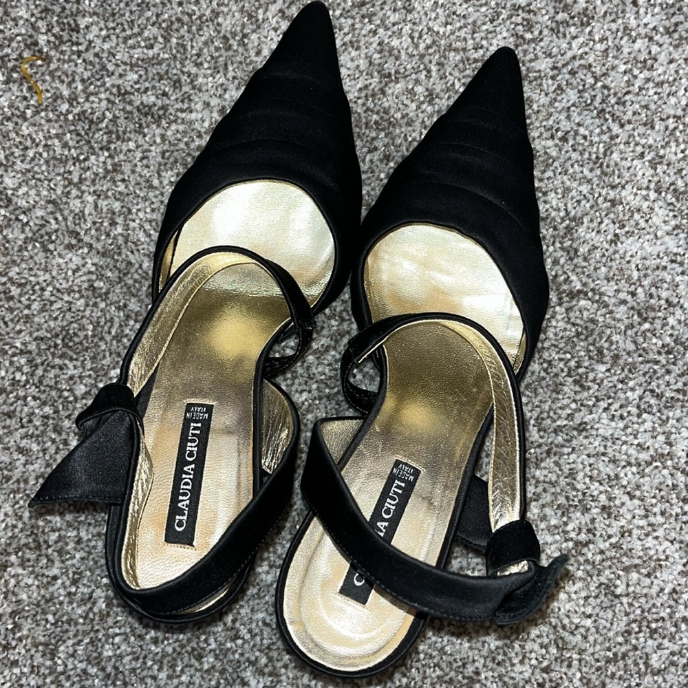 Claudia Ciuti Made in Italy Black Satin Slingback Pumps